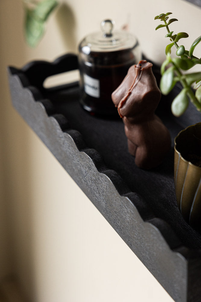Set Of 2 Black Wooden Scalloped Wall Shelves