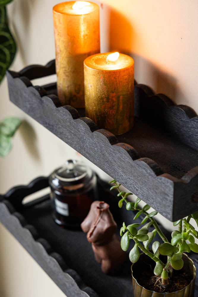 Set Of 2 Black Wooden Scalloped Wall Shelves