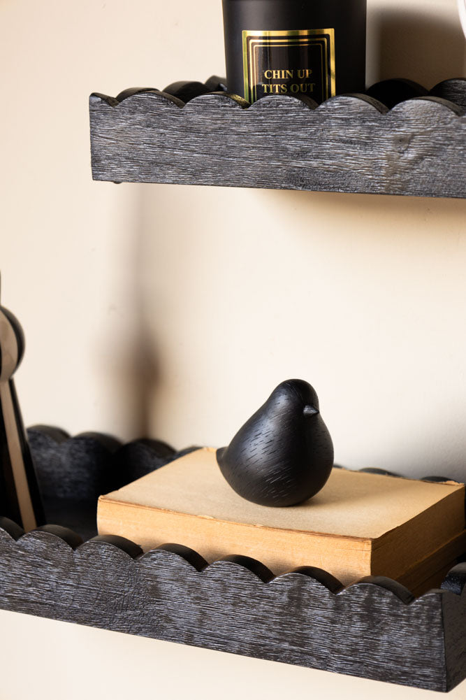 Set Of 2 Black Wooden Scalloped Wall Shelves