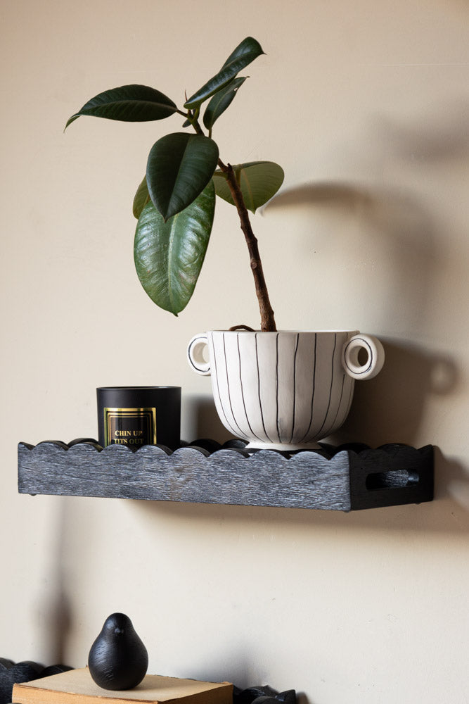 Set Of 2 Black Wooden Scalloped Wall Shelves