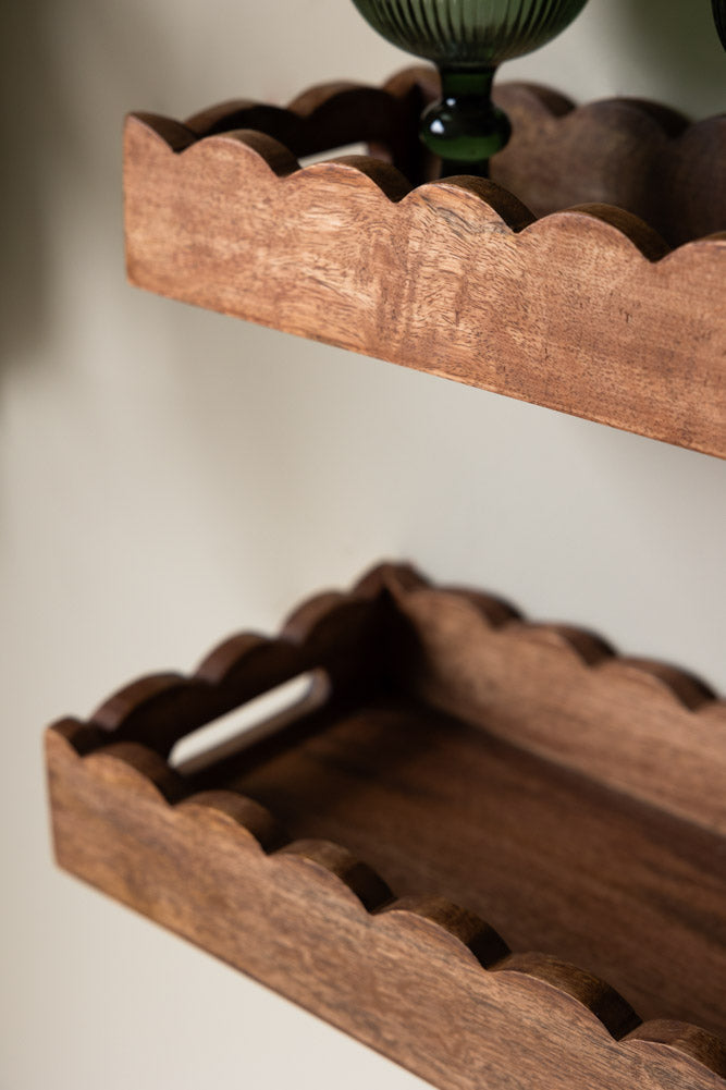 Set Of 2 Natural Wooden Scalloped Wall Shelves