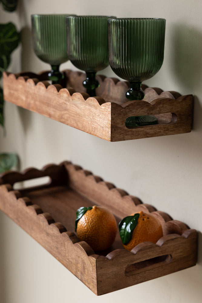 Set Of 2 Natural Wooden Scalloped Wall Shelves