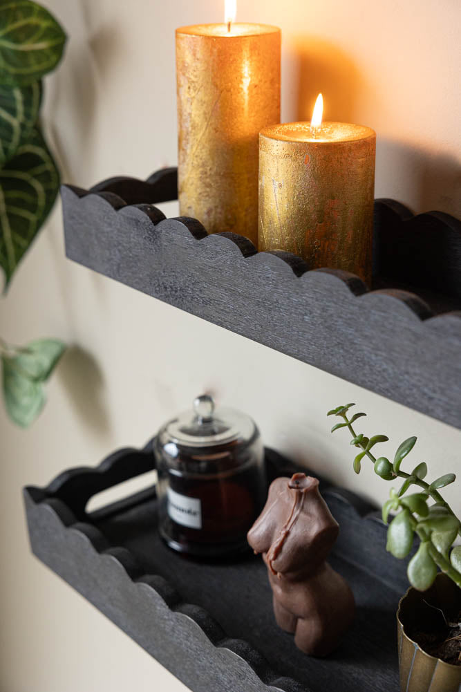 Set Of 2 Black Wooden Scalloped Wall Shelves