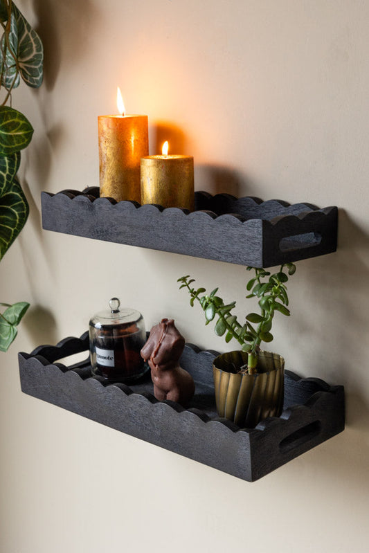Set Of 2 Black Wooden Scalloped Wall Shelves