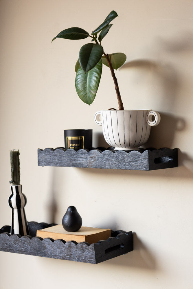 Set Of 2 Black Wooden Scalloped Wall Shelves
