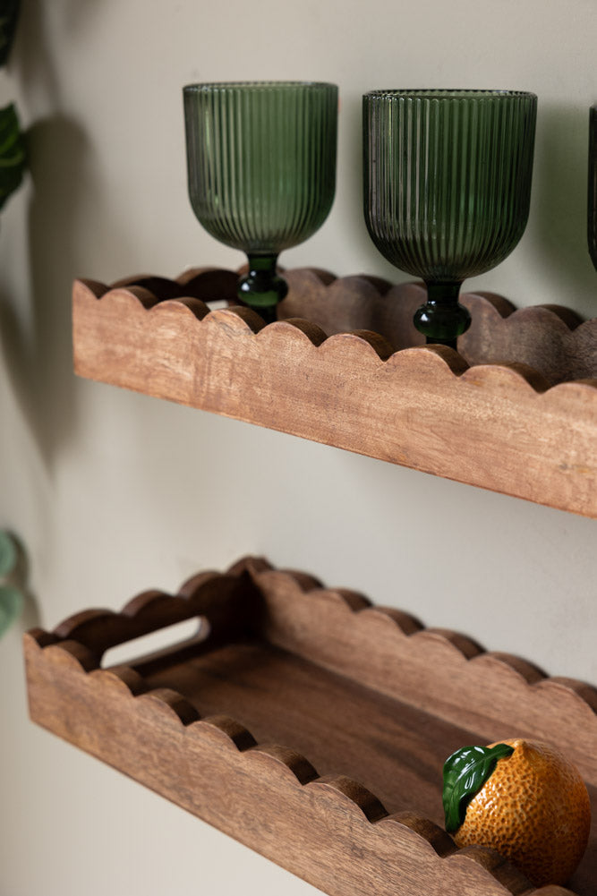 Set Of 2 Natural Wooden Scalloped Wall Shelves