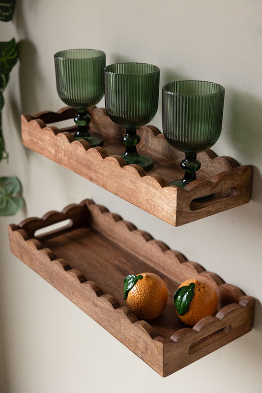 Set Of 2 Natural Wooden Scalloped Wall Shelves