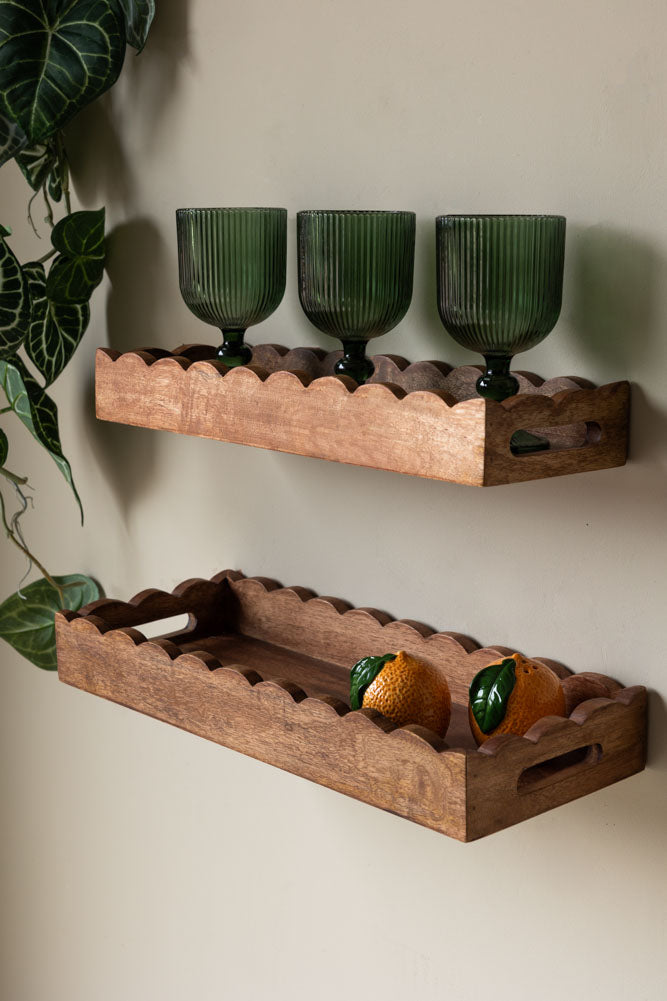 Set Of 2 Natural Wooden Scalloped Wall Shelves