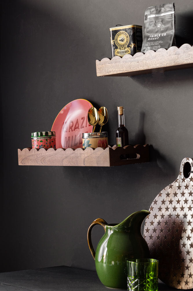 Set Of 2 Natural Wooden Scalloped Wall Shelves
